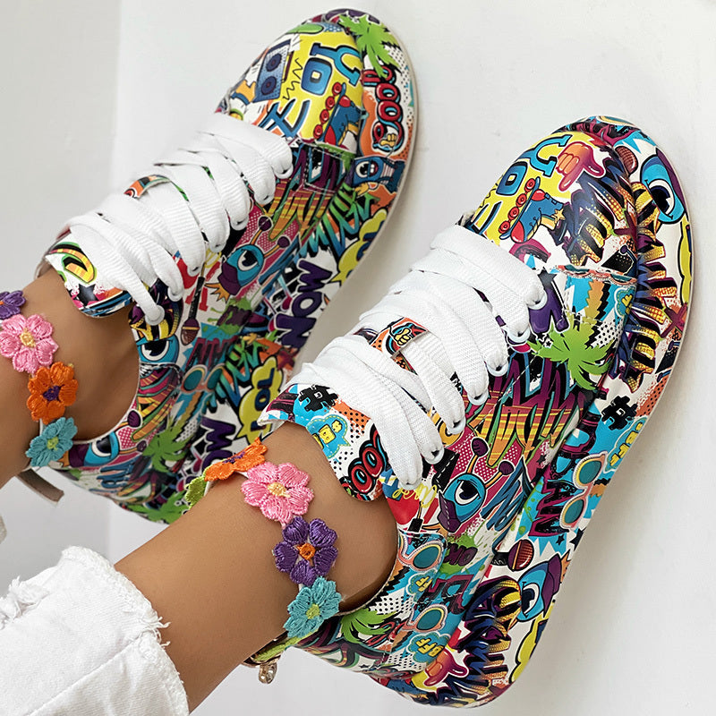 Round-Toe Thick-Sole Lace-Up Sneakers — Women’s Casual Print Shoes - Fierce and Chic