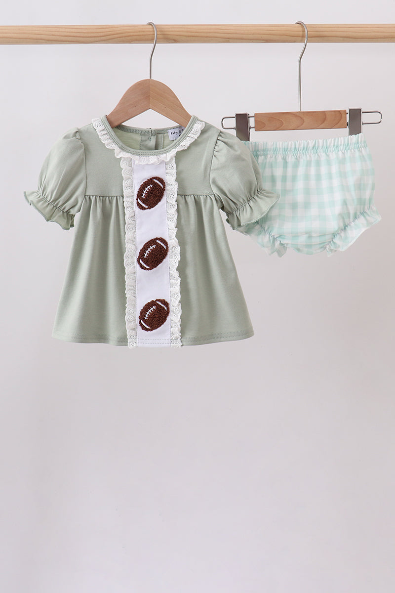 Green football french knot gingham bloomer set - Fierce and Chic