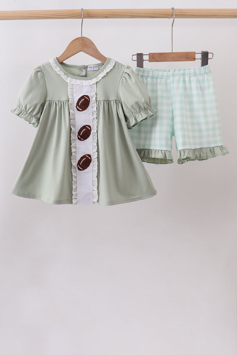 Green football french knot gingham ruffle shorts set - Fierce and Chic