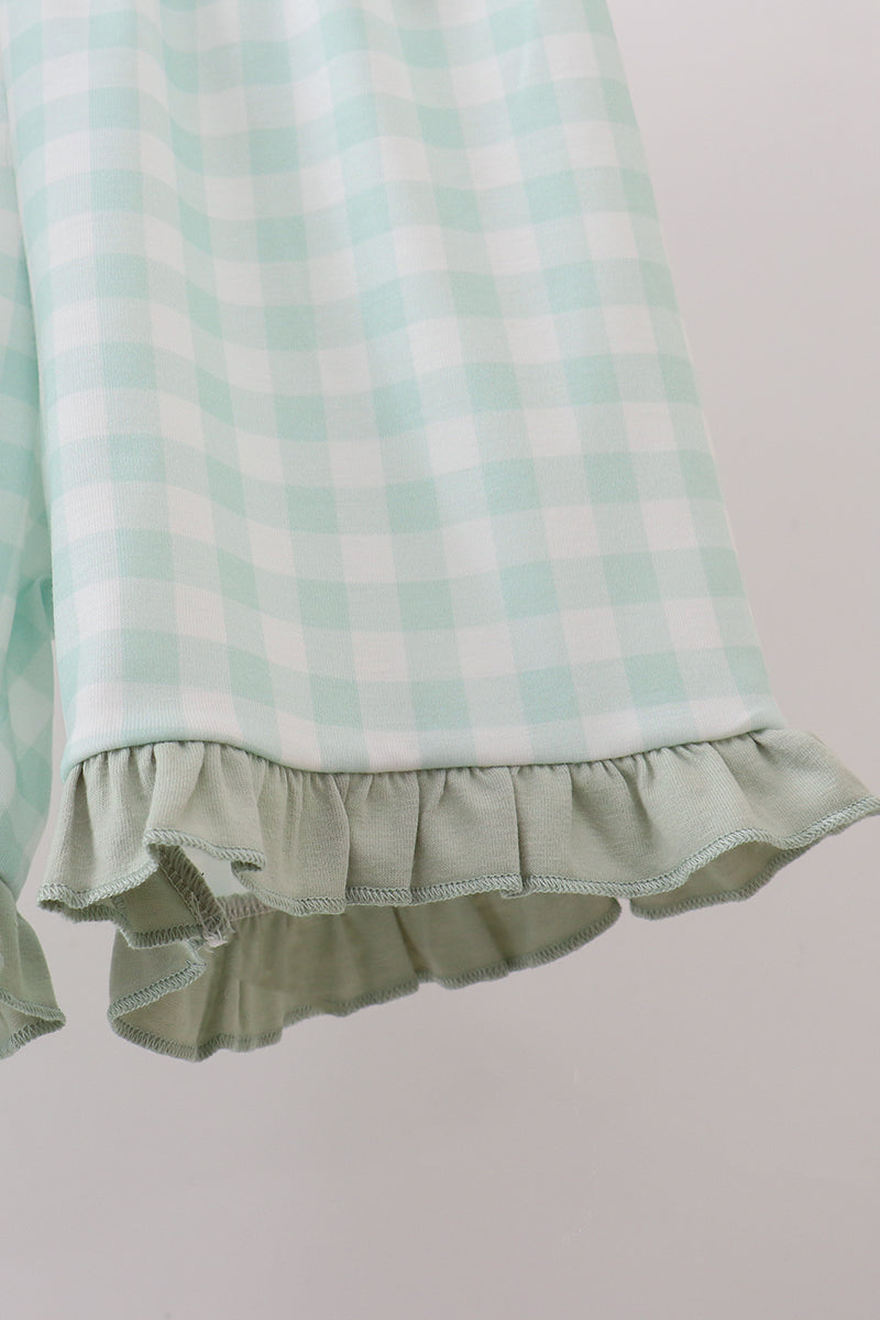Green football french knot gingham ruffle shorts set - Fierce and Chic
