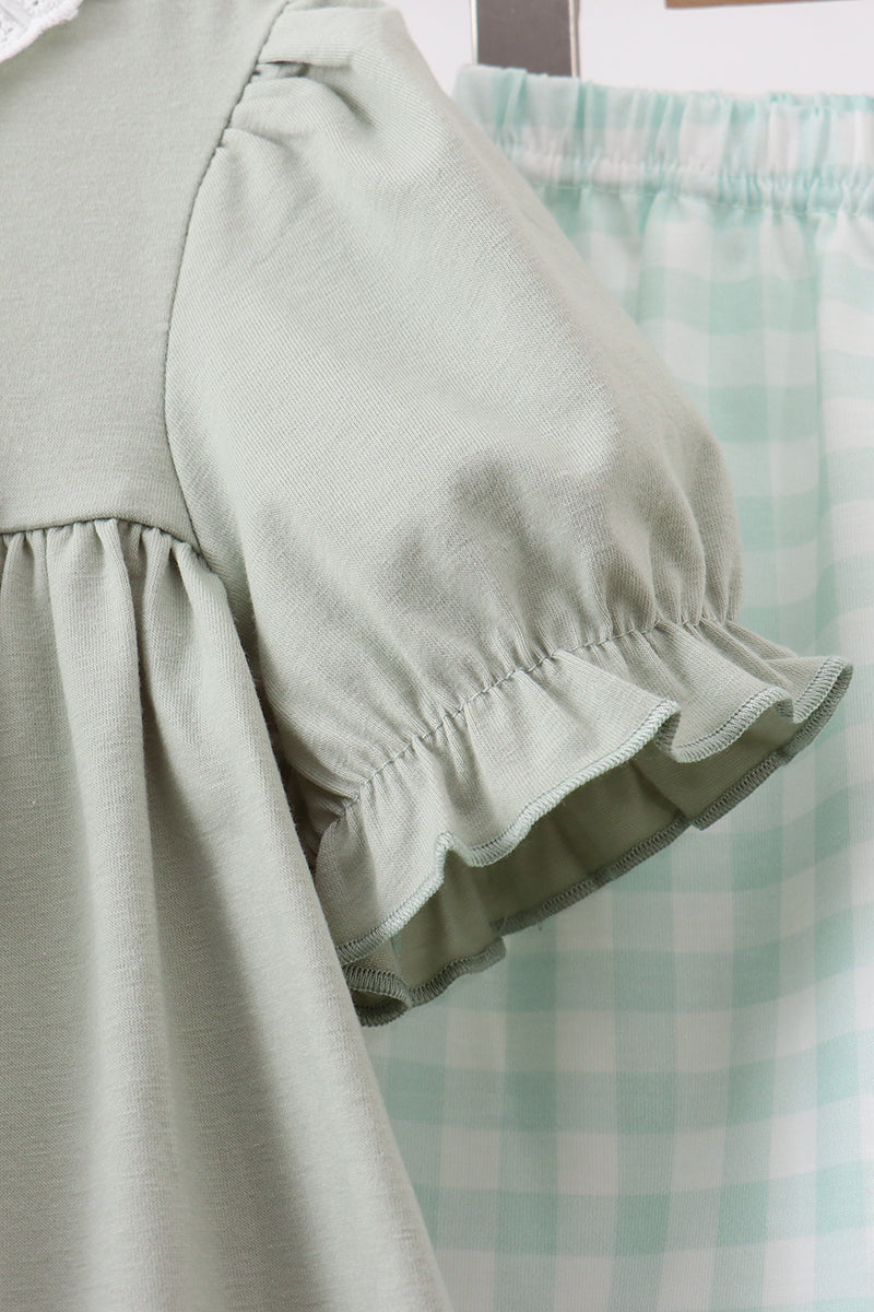 Green football french knot gingham ruffle shorts set - Fierce and Chic