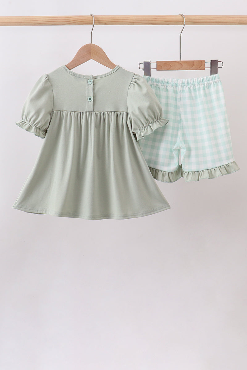 Green football french knot gingham ruffle shorts set - Fierce and Chic