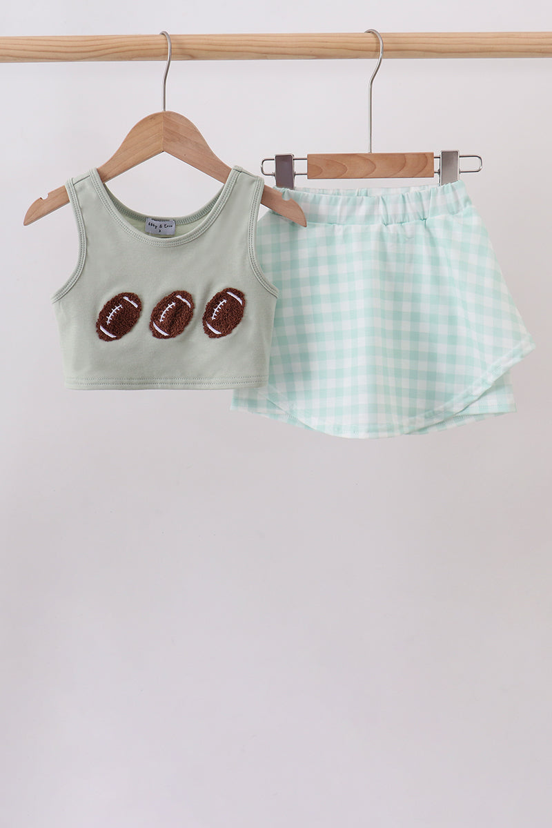Green football french knot gingham skorts set - Fierce and Chic