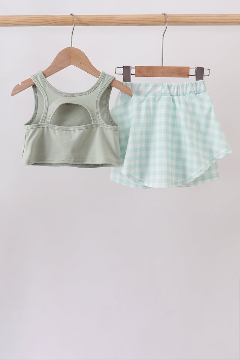 Green football french knot gingham skorts set - Fierce and Chic