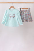 Blue Floral Bow Applique Skorts Set - Fierce and Chic