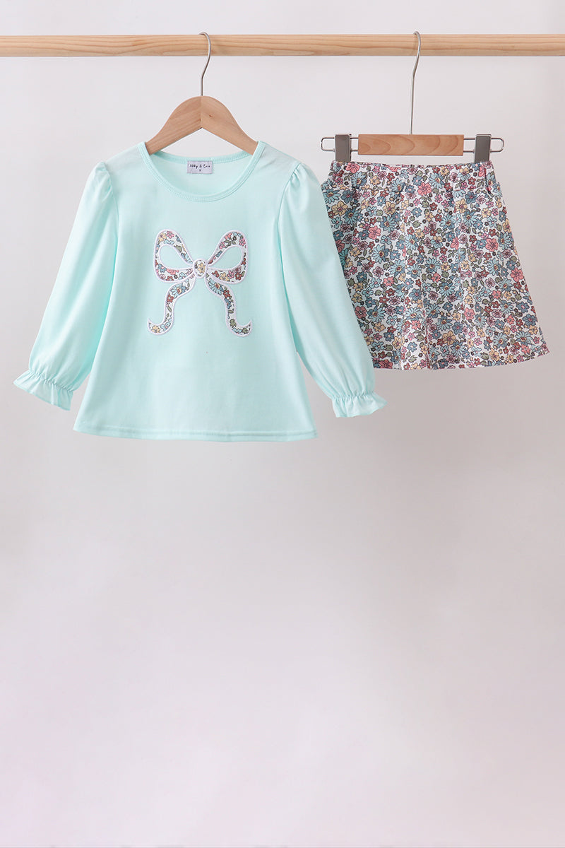 Blue Floral Bow Applique Skorts Set - Fierce and Chic