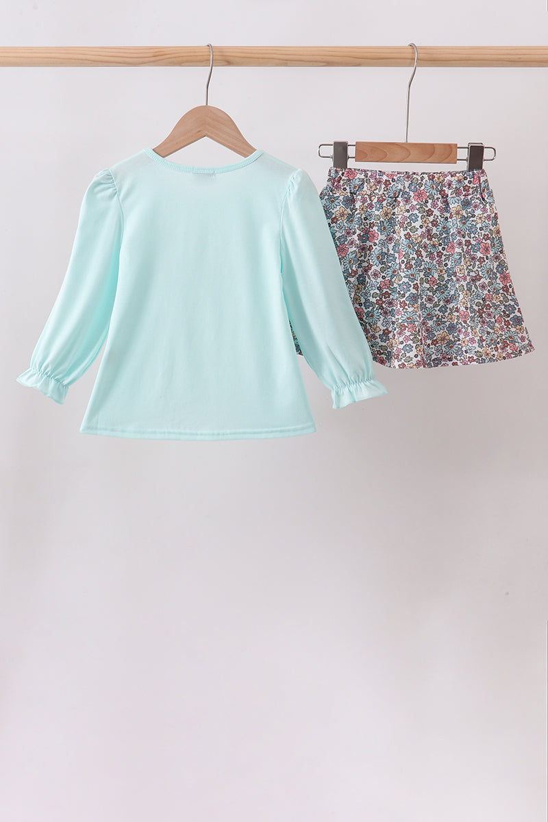 Blue Floral Bow Applique Skorts Set - Fierce and Chic