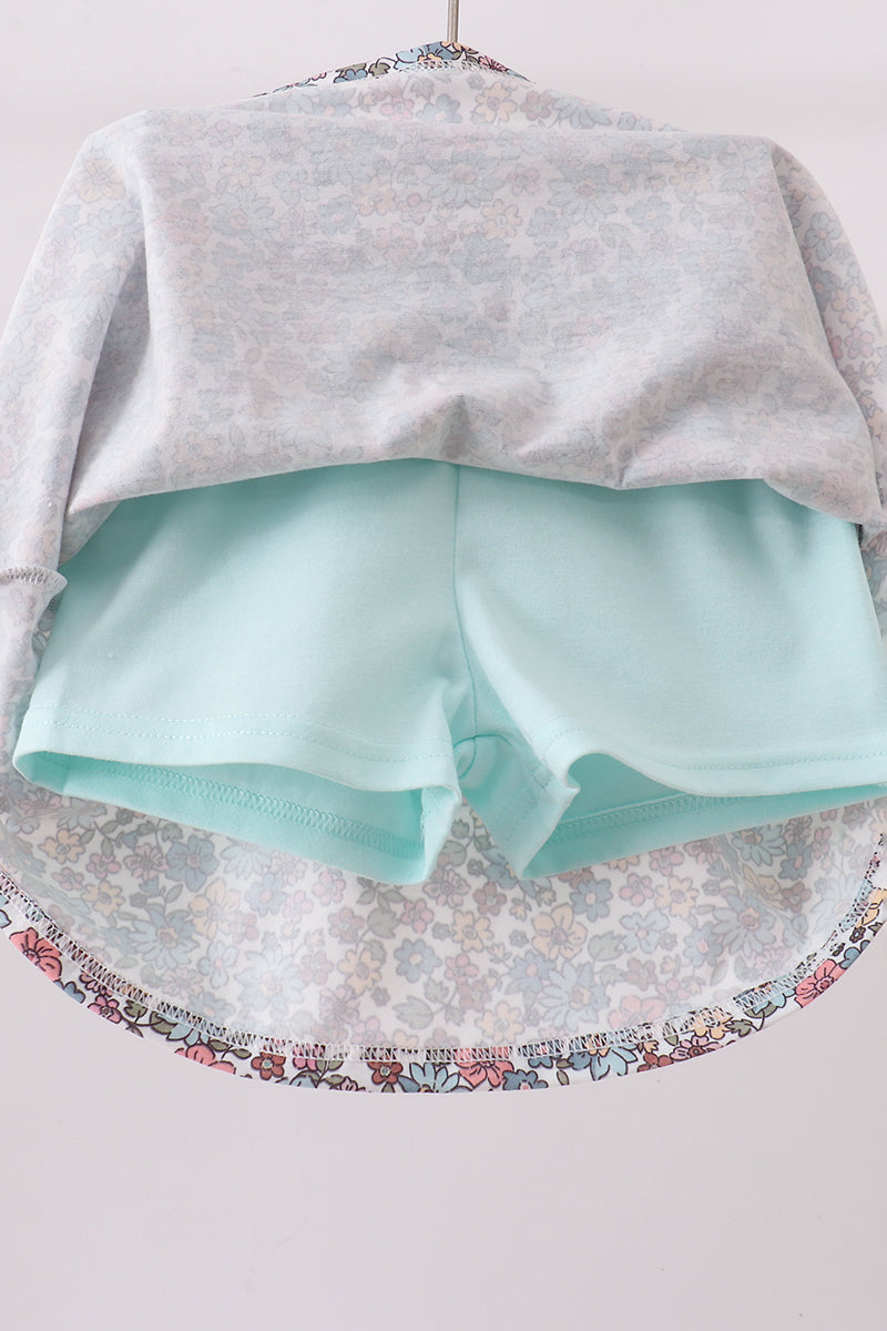 Blue Floral Bow Applique Skorts Set - Fierce and Chic
