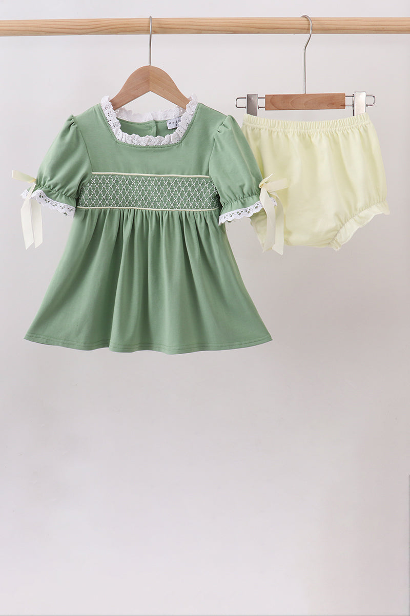Sage collar smocked lace bloomer set - Fierce and Chic