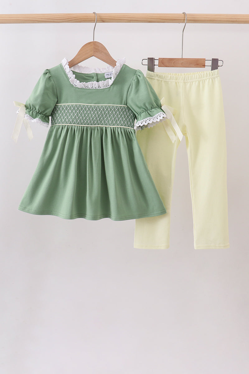 Sage collar smocked lace pants set - Fierce and Chic