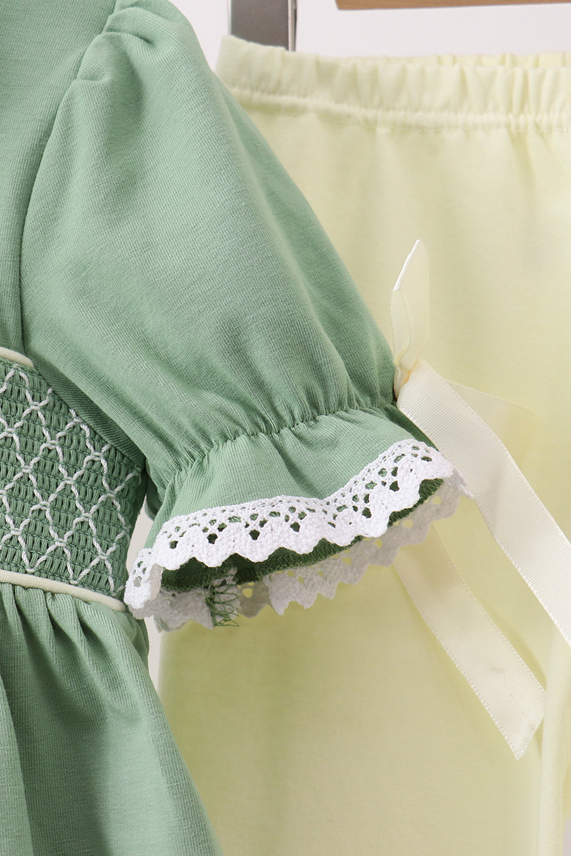 Sage collar smocked lace pants set - Fierce and Chic