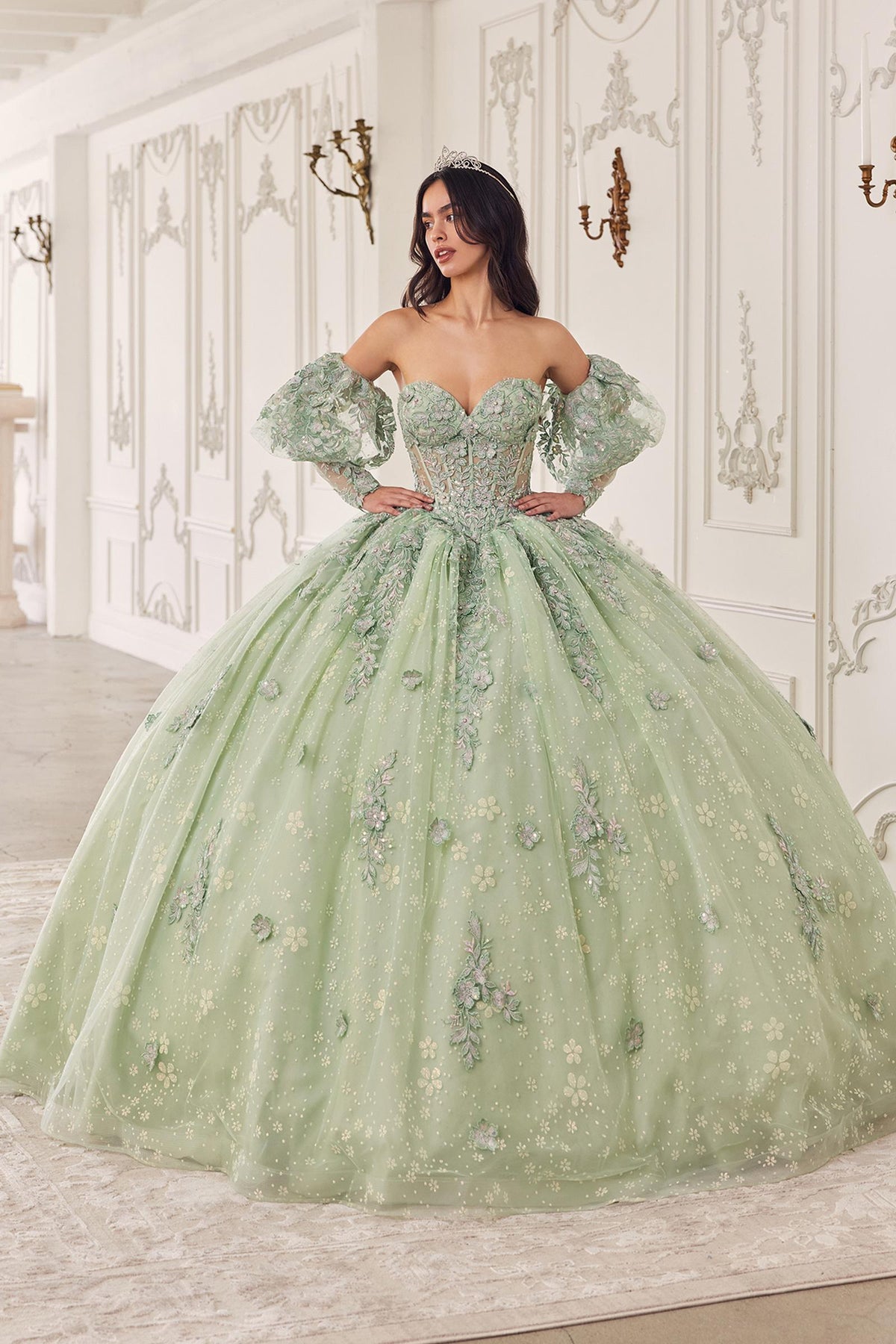 Ladivine 15722 Long Poofy A-Line Quinceanera Dress with Puffy Sleeves - Fierce and Chic