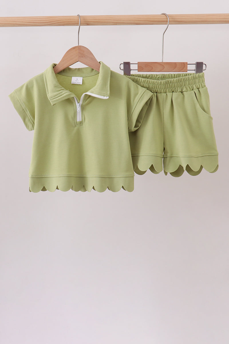 Sage scalloped zipper shorts set - Fierce and Chic
