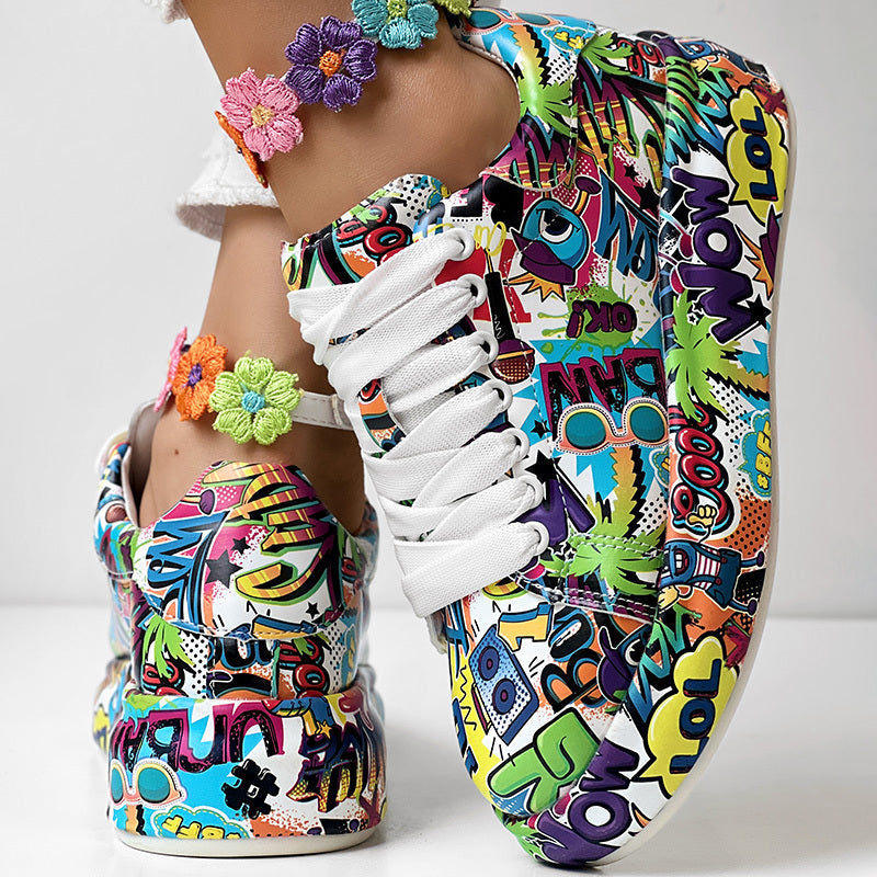 Round-Toe Thick-Sole Lace-Up Sneakers — Women’s Casual Print Shoes - Fierce and Chic