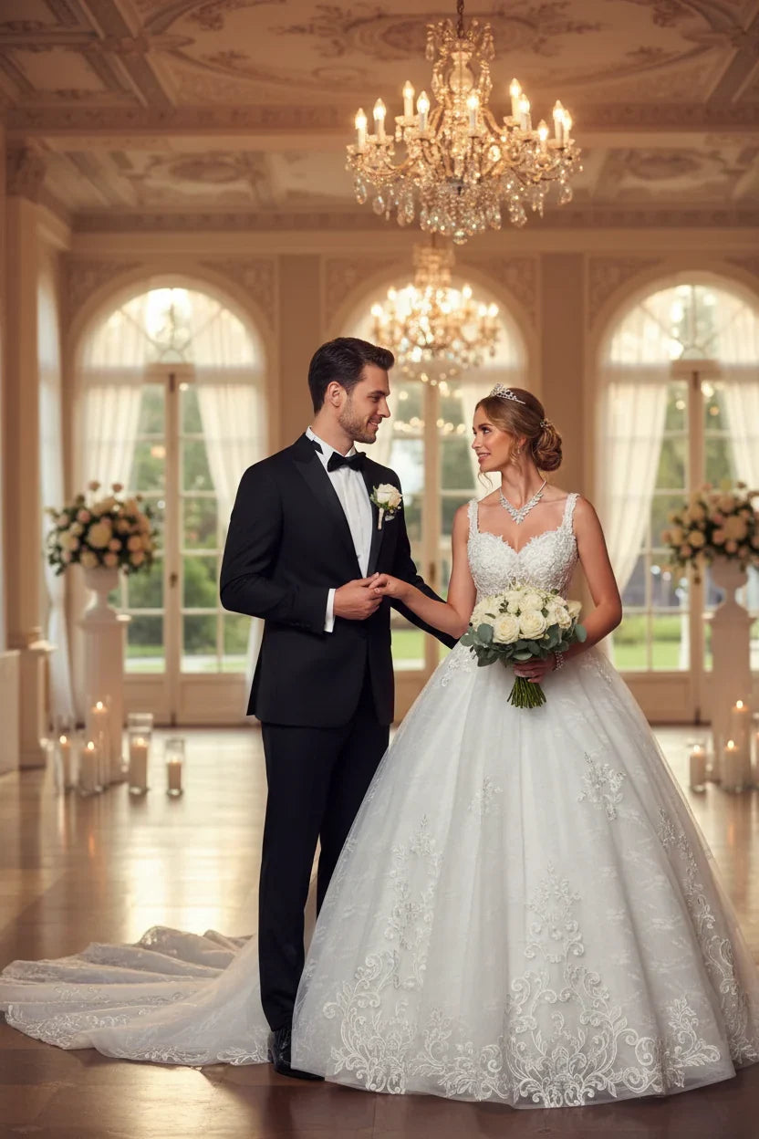DeKlaire Bridal 489 Wedding Dress V-Neck A-Line Ball Gown - Fierce and Chic