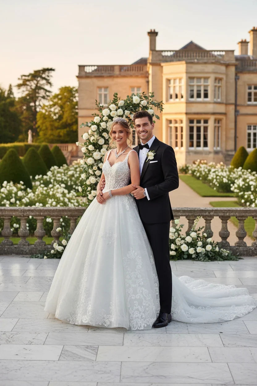 DeKlaire Bridal 489 Wedding Dress V-Neck A-Line Ball Gown - Fierce and Chic