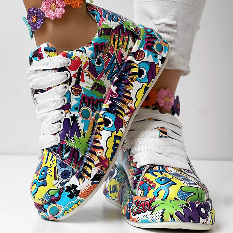 Round-Toe Thick-Sole Lace-Up Sneakers — Women’s Casual Print Shoes - Fierce and Chic