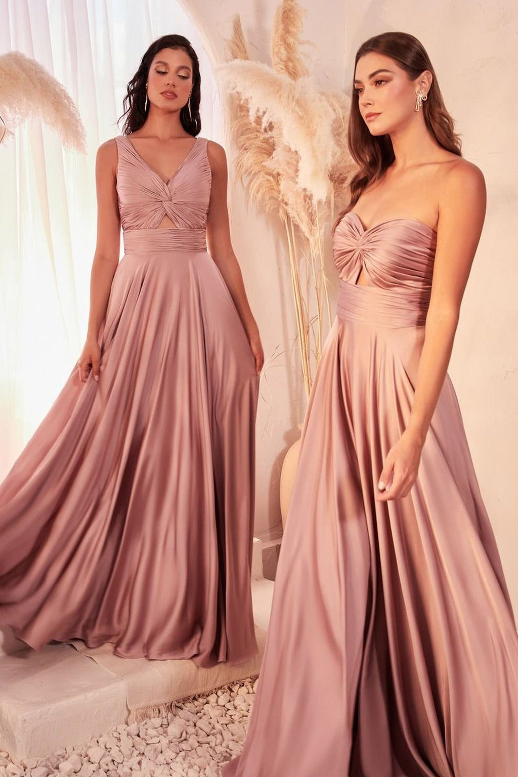 Ladivine 7497 Long A-Line Satin Keyhole Twisted Bodice Formal Gown - Fierce and Chic