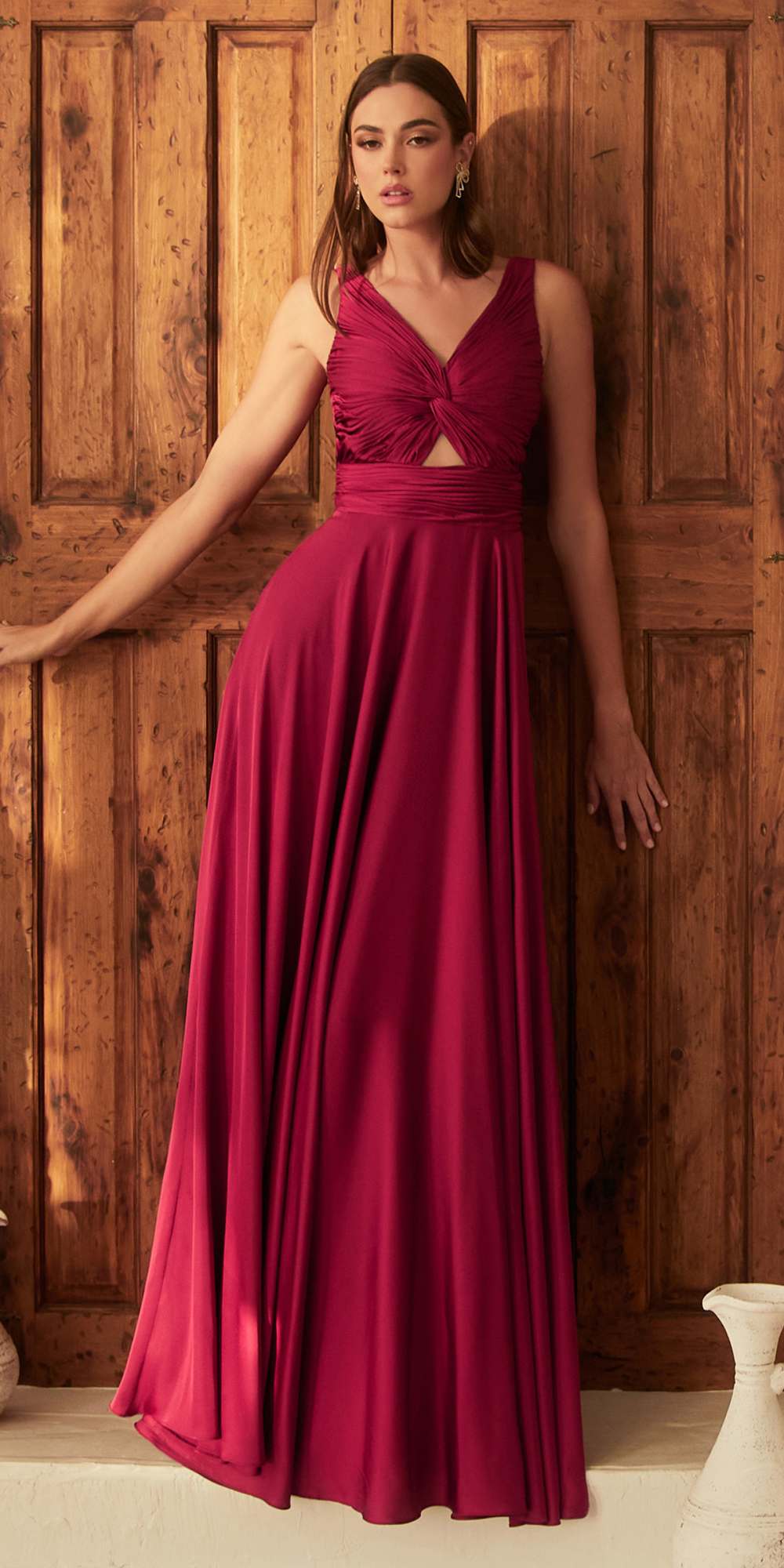 Ladivine 7497 Long A-Line Satin Keyhole Twisted Bodice Formal Gown - Fierce and Chic