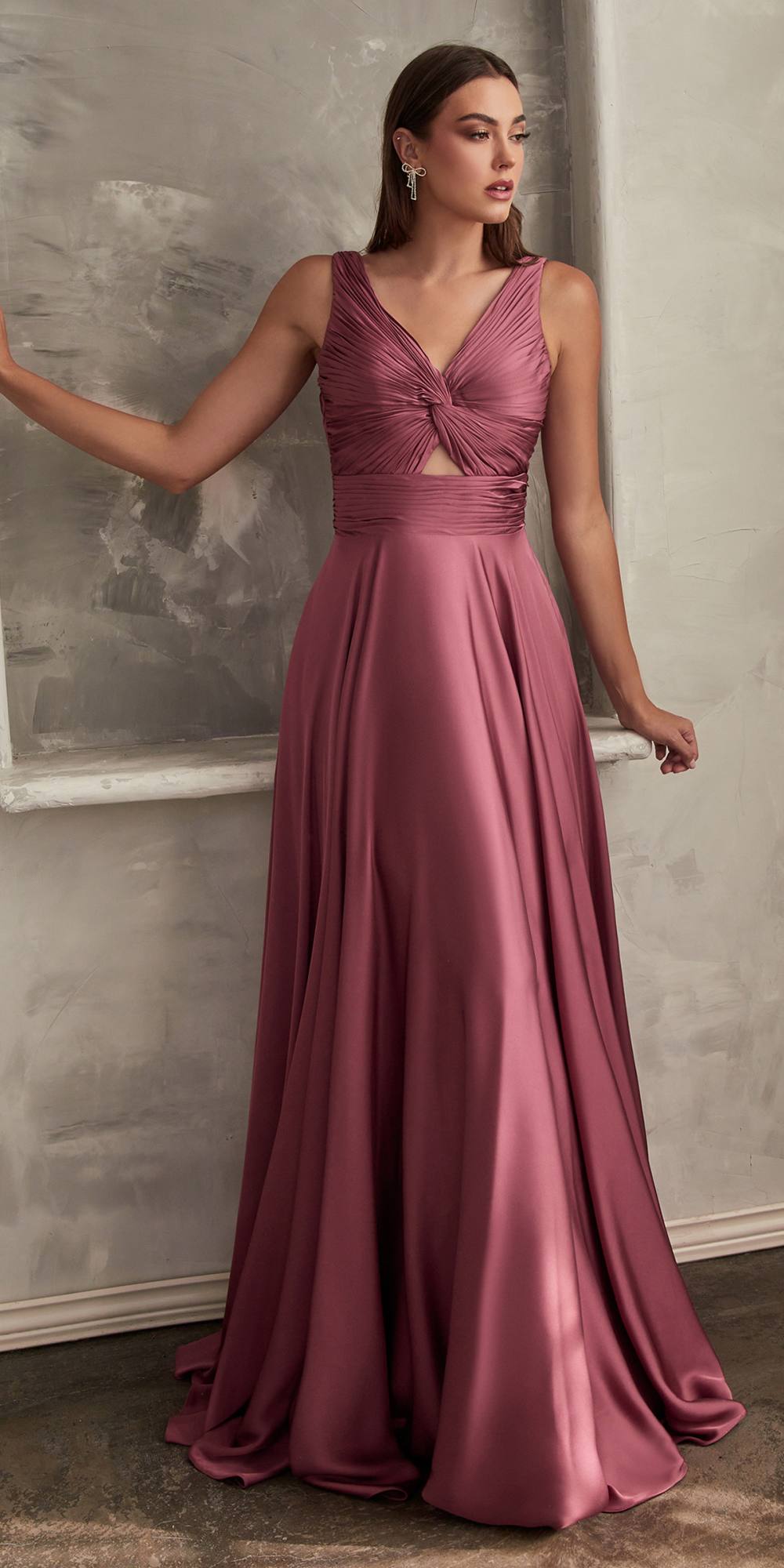 Ladivine 7497 Long A-Line Satin Keyhole Twisted Bodice Formal Gown - Fierce and Chic