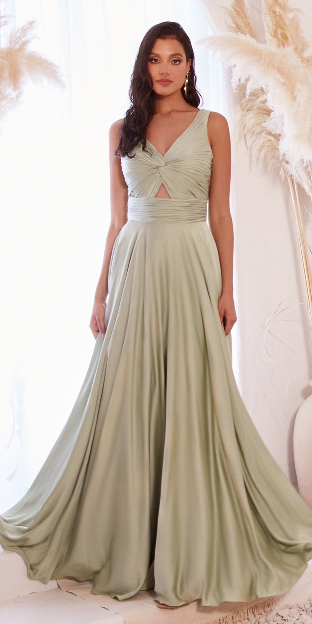 Ladivine 7497 Long A-Line Satin Keyhole Twisted Bodice Formal Gown - Fierce and Chic