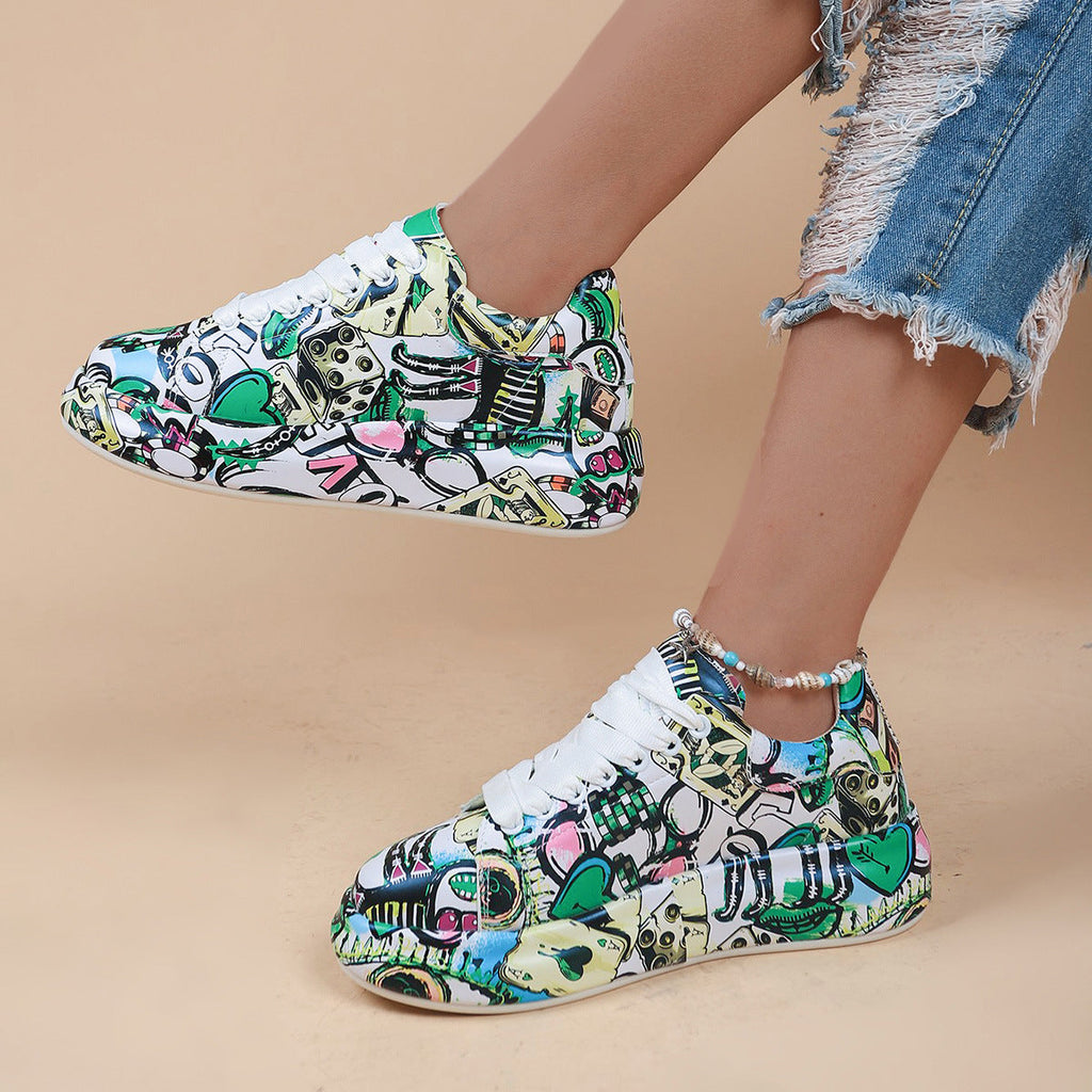 Round-Toe Thick-Sole Lace-Up Sneakers — Women’s Casual Print Shoes - Fierce and Chic