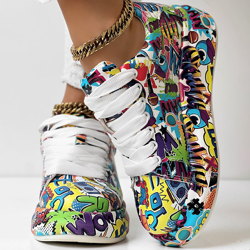 Round-Toe Thick-Sole Lace-Up Sneakers — Women’s Casual Print Shoes - Fierce and Chic