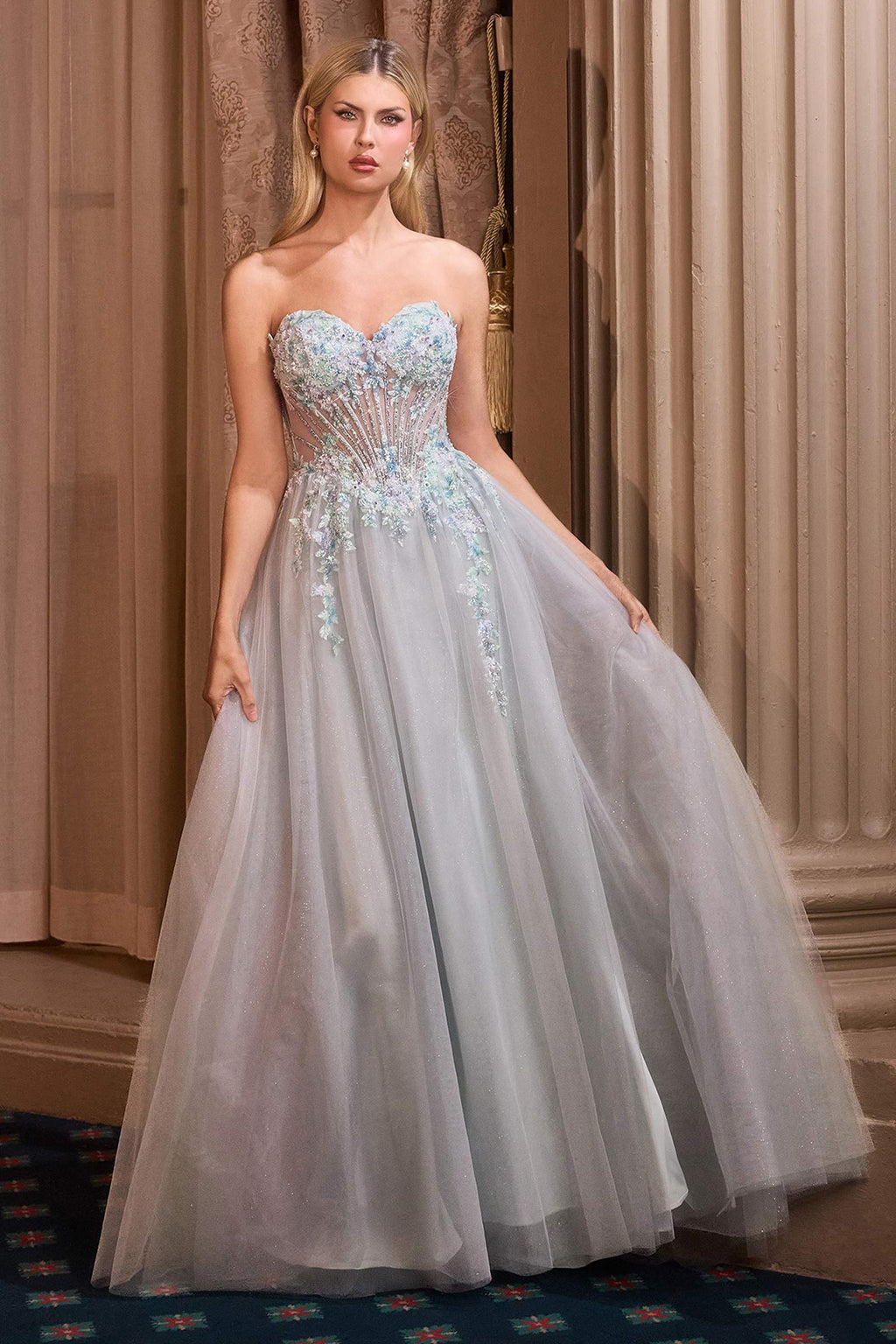 Andrea & Leo A1478 Strapless Sweetheart Boned Bodice Floral Applique Ball Gown - Fierce and Chic