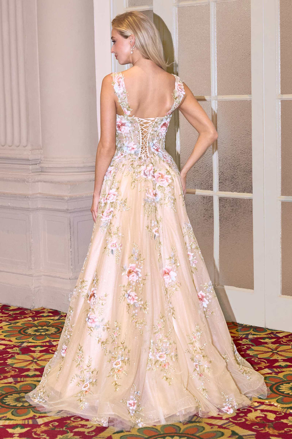 Andrea & Leo A1480 Long A-Line Floral Embroidered Straps Tulle Gown - Fierce and Chic