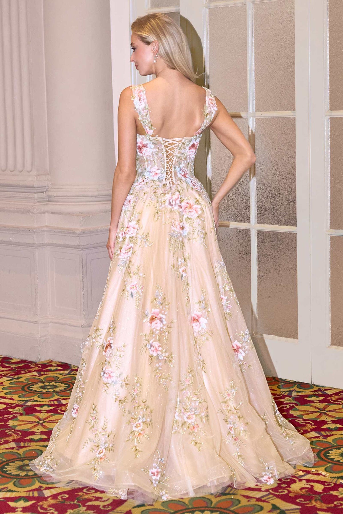 Andrea & Leo A1480 Long A-Line Floral Embroidered Straps Tulle Gown - Fierce and Chic