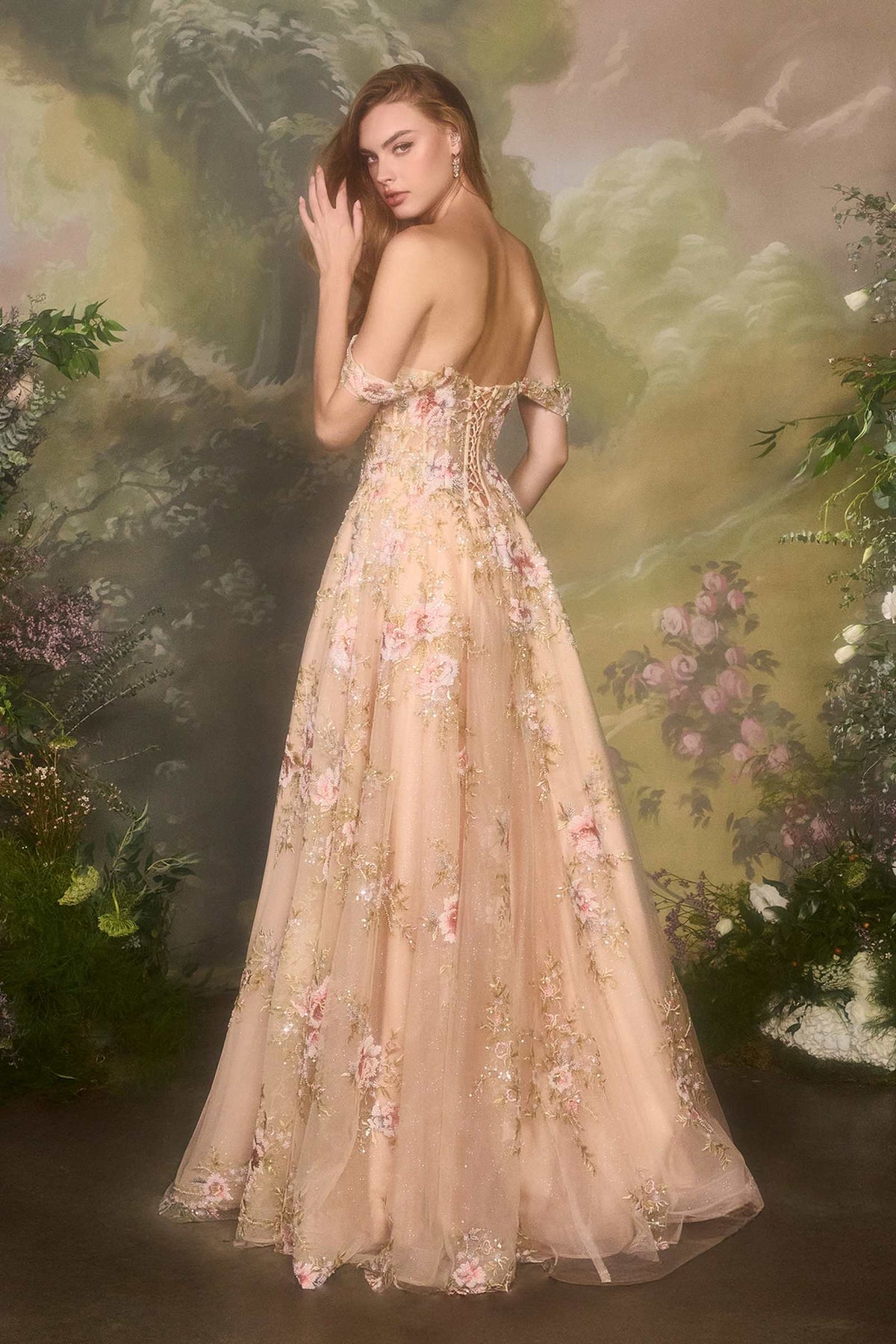 Andrea & Leo A1480 Long A-Line Floral Embroidered Straps Tulle Gown - Fierce and Chic