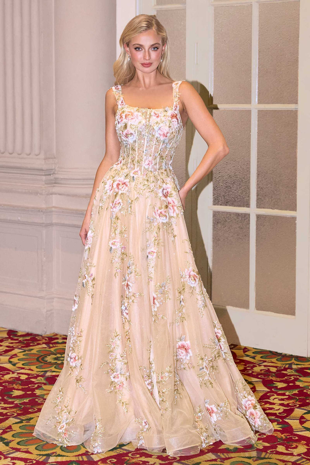 Andrea & Leo A1480 Long A-Line Floral Embroidered Straps Tulle Gown - Fierce and Chic