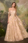 Andrea & Leo A1480 Long A-Line Floral Embroidered Straps Tulle Gown - Fierce and Chic