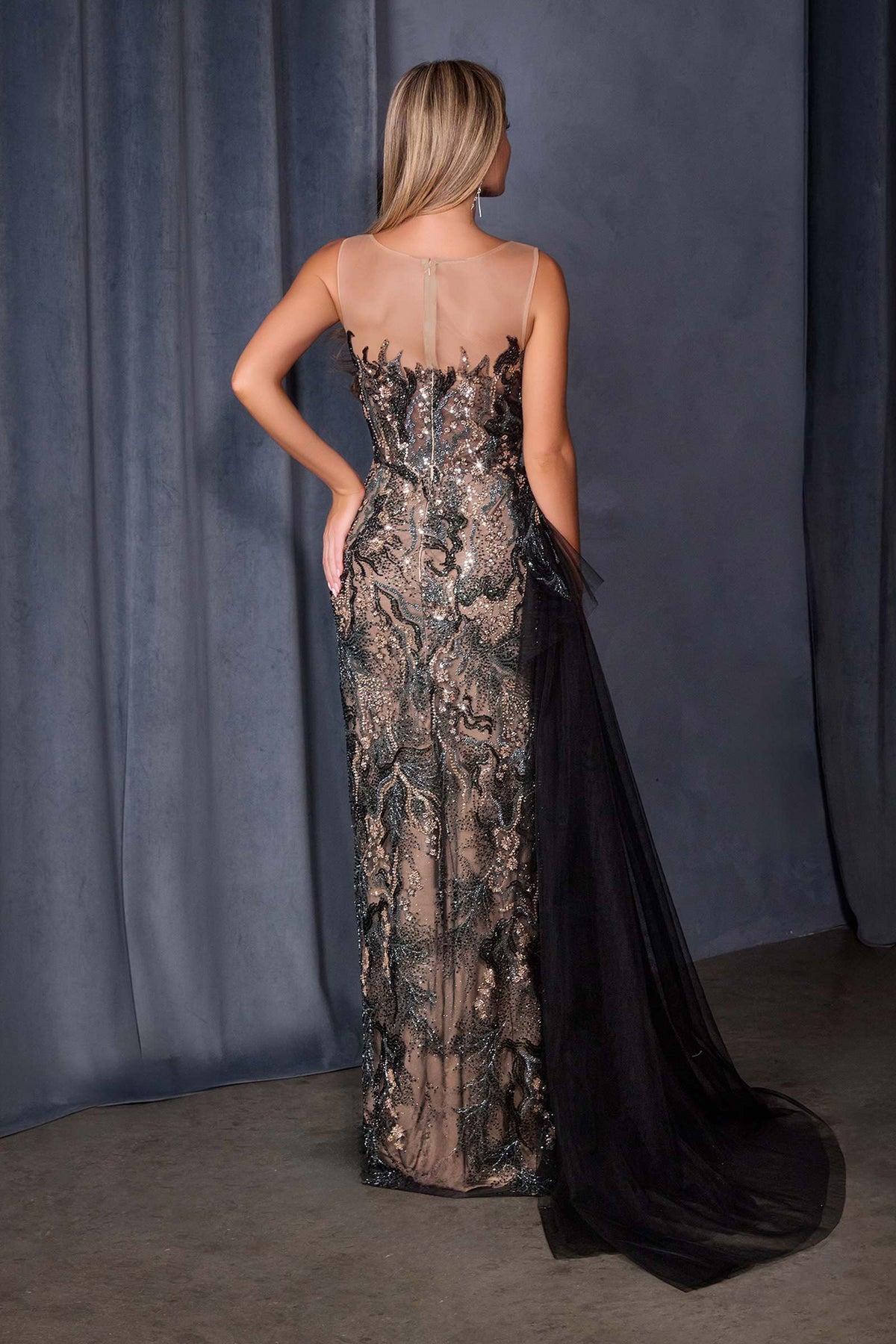 Andrea & Leo A1489 Fitted Formal Gown Sequin Embroidery Over Nude Mesh - Fierce and Chic