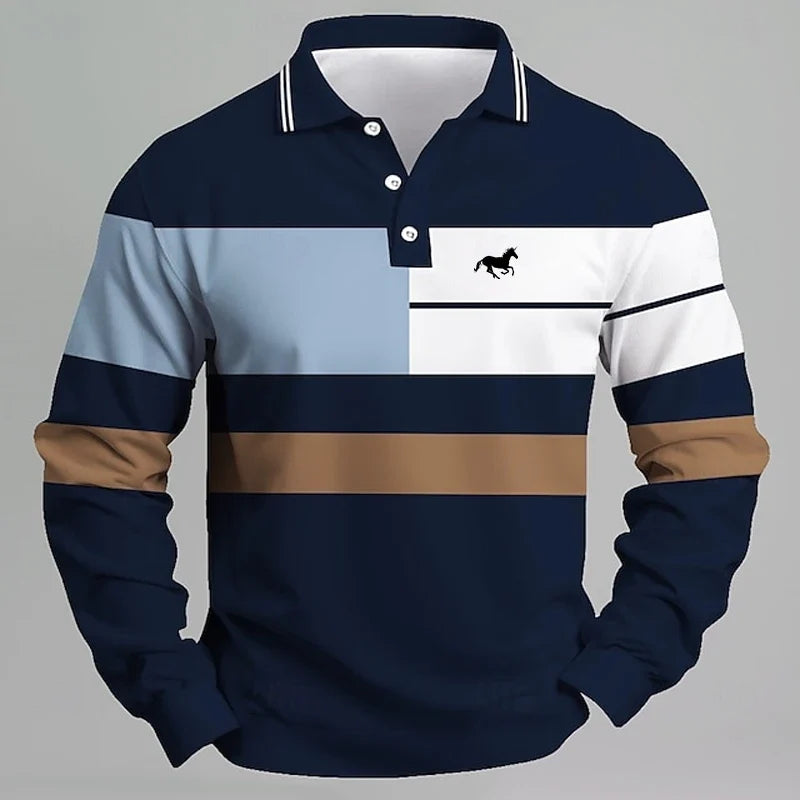 Men's Striped Printed Unicorn Logo Polo Shirt - Long Sleeve Casual T-shirt Comfortable Regular Fit for Daily Wear or Golf - Fierce and Chic