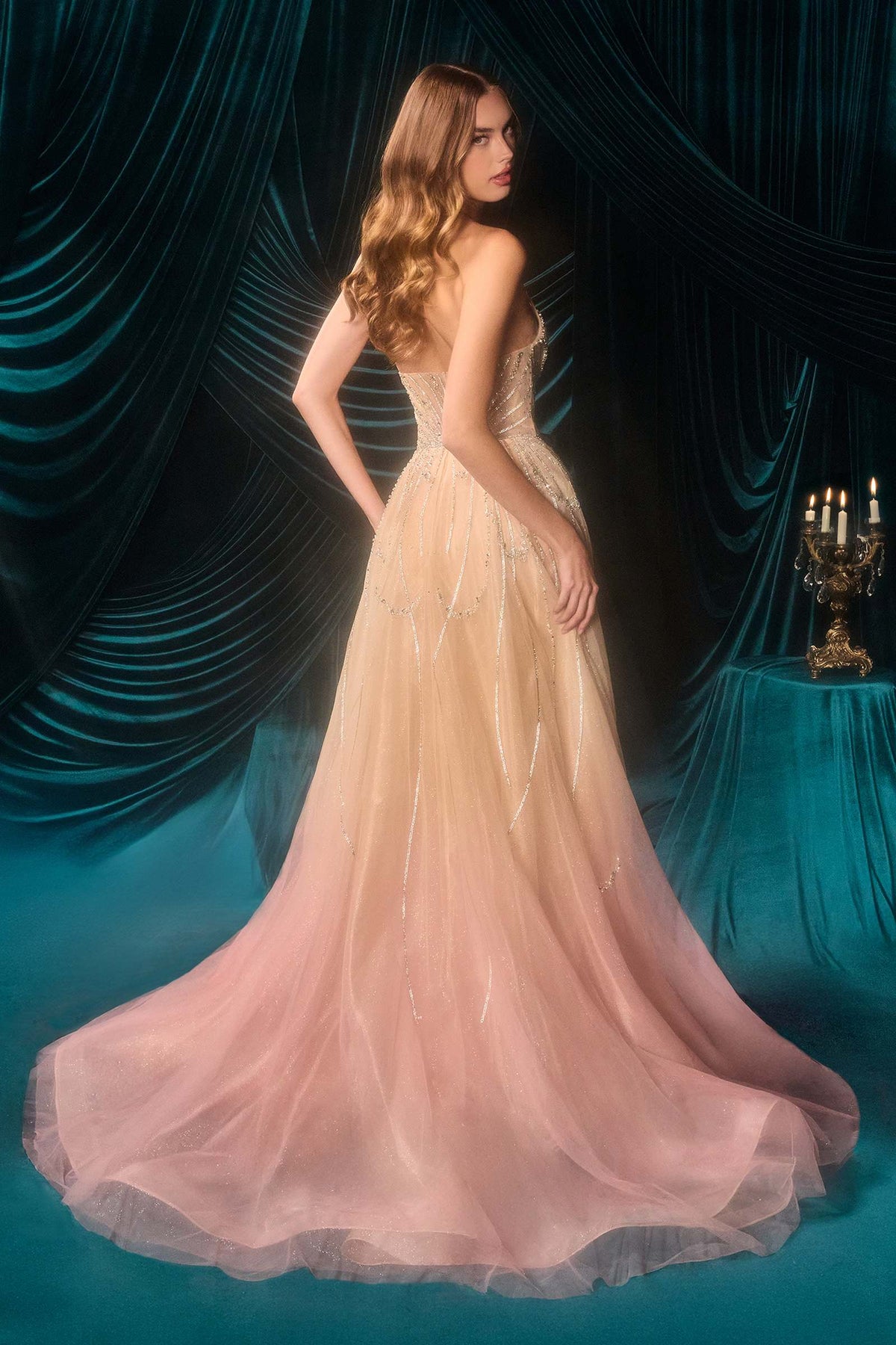 Andrea & Leo A1508 Fitted Layered Overskirt Ombre Pattern Formal Gown - Fierce and Chic