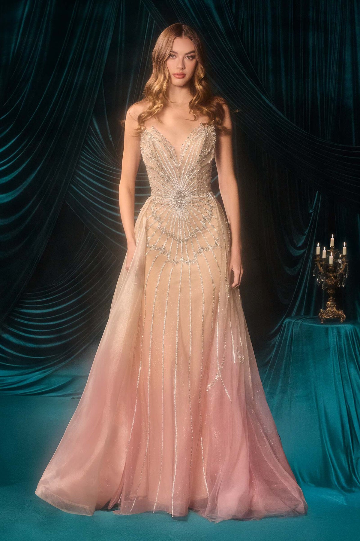 Andrea & Leo A1508 Fitted Layered Overskirt Ombre Pattern Formal Gown - Fierce and Chic