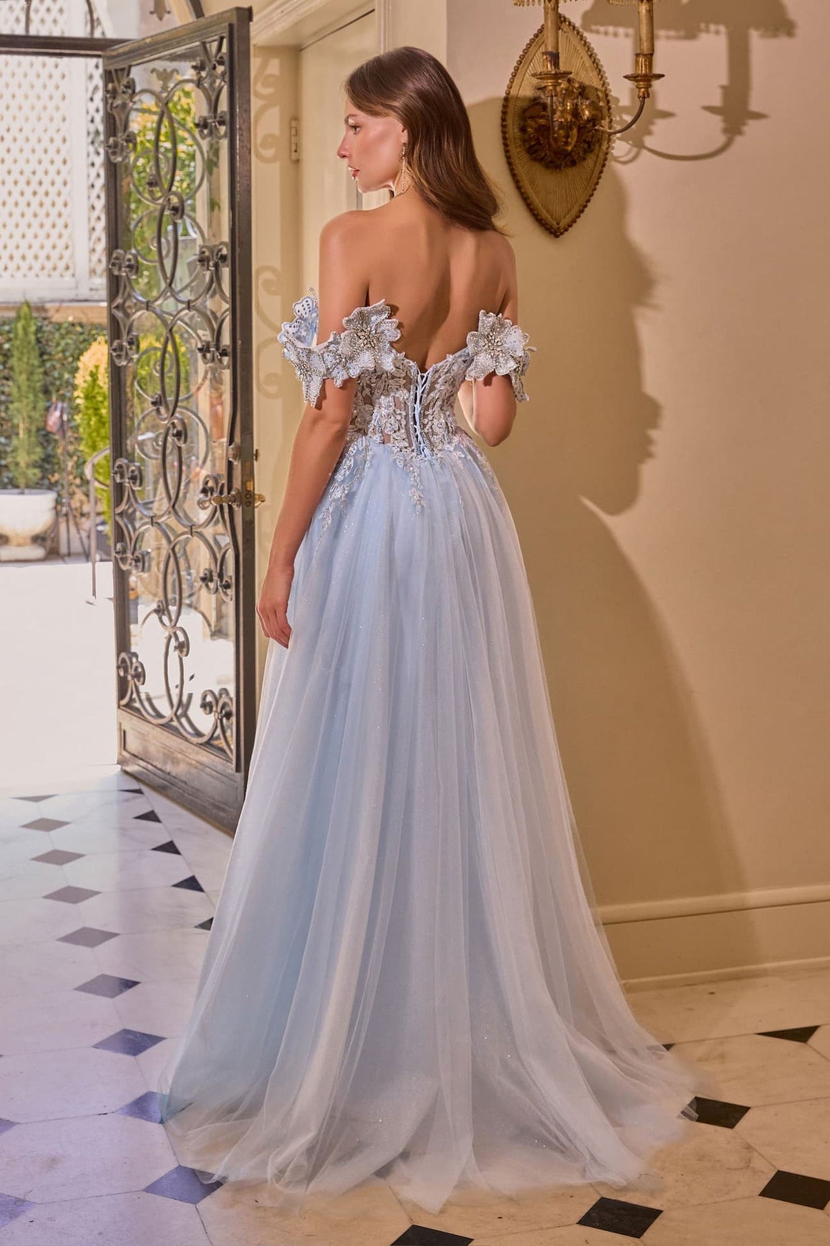 Andrea & Leo A1512 Light Blue Off-Shoulder Floral Applique Tulle Gown with Slit - Fierce and Chic
