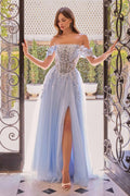 Andrea & Leo A1512 Light Blue Off-Shoulder Floral Applique Tulle Gown with Slit - Fierce and Chic