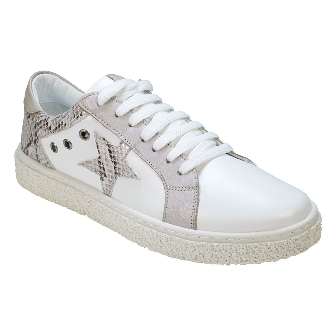 Charlee White Snake Skin Two-Tone Star Motif Lace Up Sneakers - Fierce and Chic