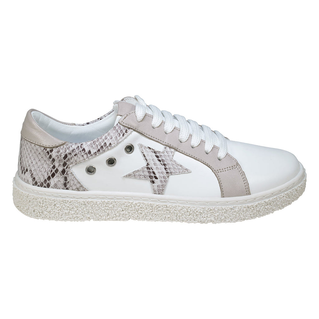 Charlee White Snake Skin Two-Tone Star Motif Lace Up Sneakers - Fierce and Chic