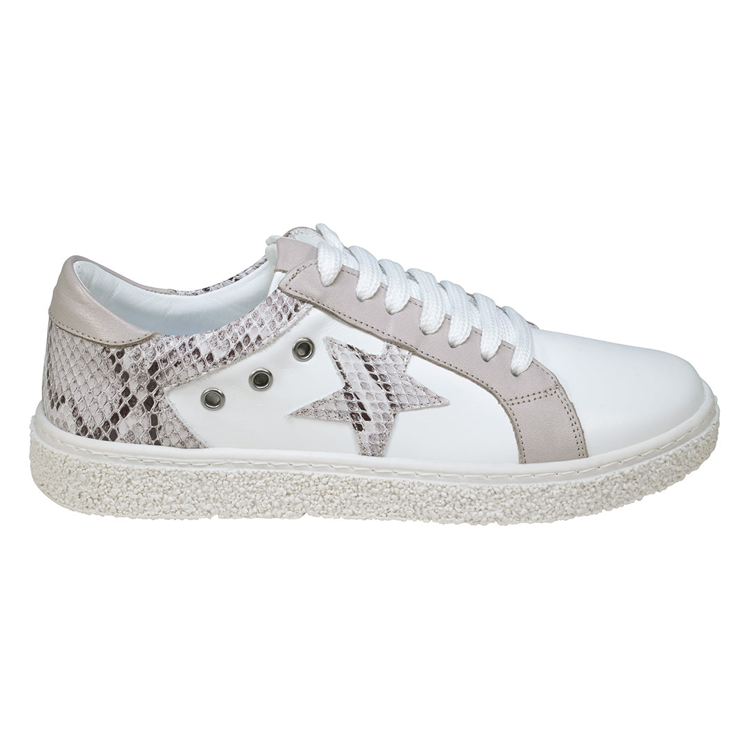 Charlee White Snake Skin Two-Tone Star Motif Lace Up Sneakers - Fierce and Chic