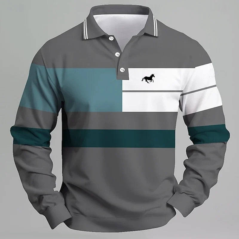 Men's Striped Printed Unicorn Logo Polo Shirt - Long Sleeve Casual T-shirt Comfortable Regular Fit for Daily Wear or Golf - Fierce and Chic