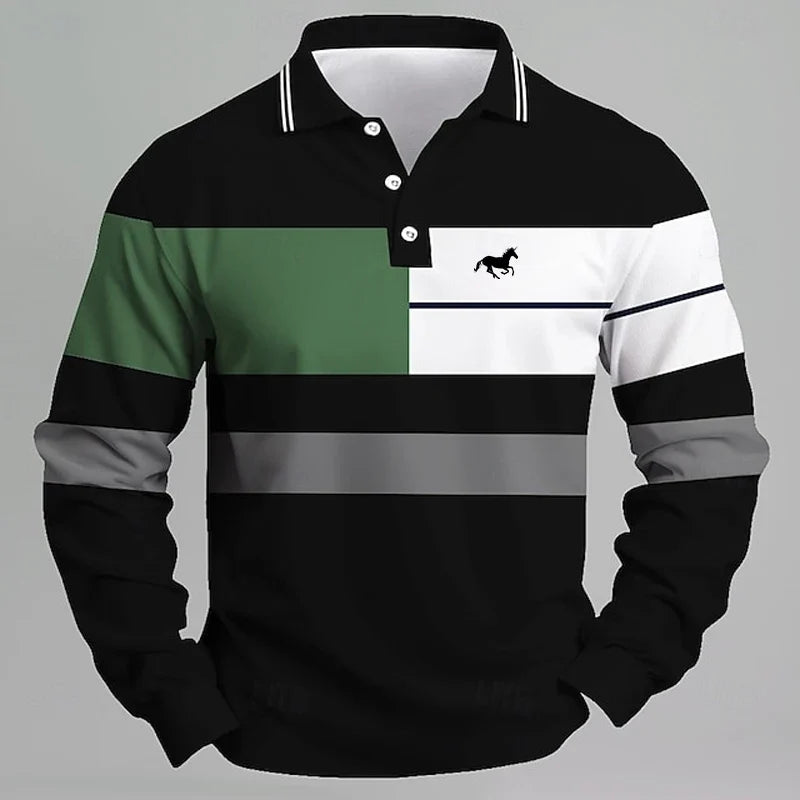Men's Striped Printed Unicorn Logo Polo Shirt - Long Sleeve Casual T-shirt Comfortable Regular Fit for Daily Wear or Golf - Fierce and Chic