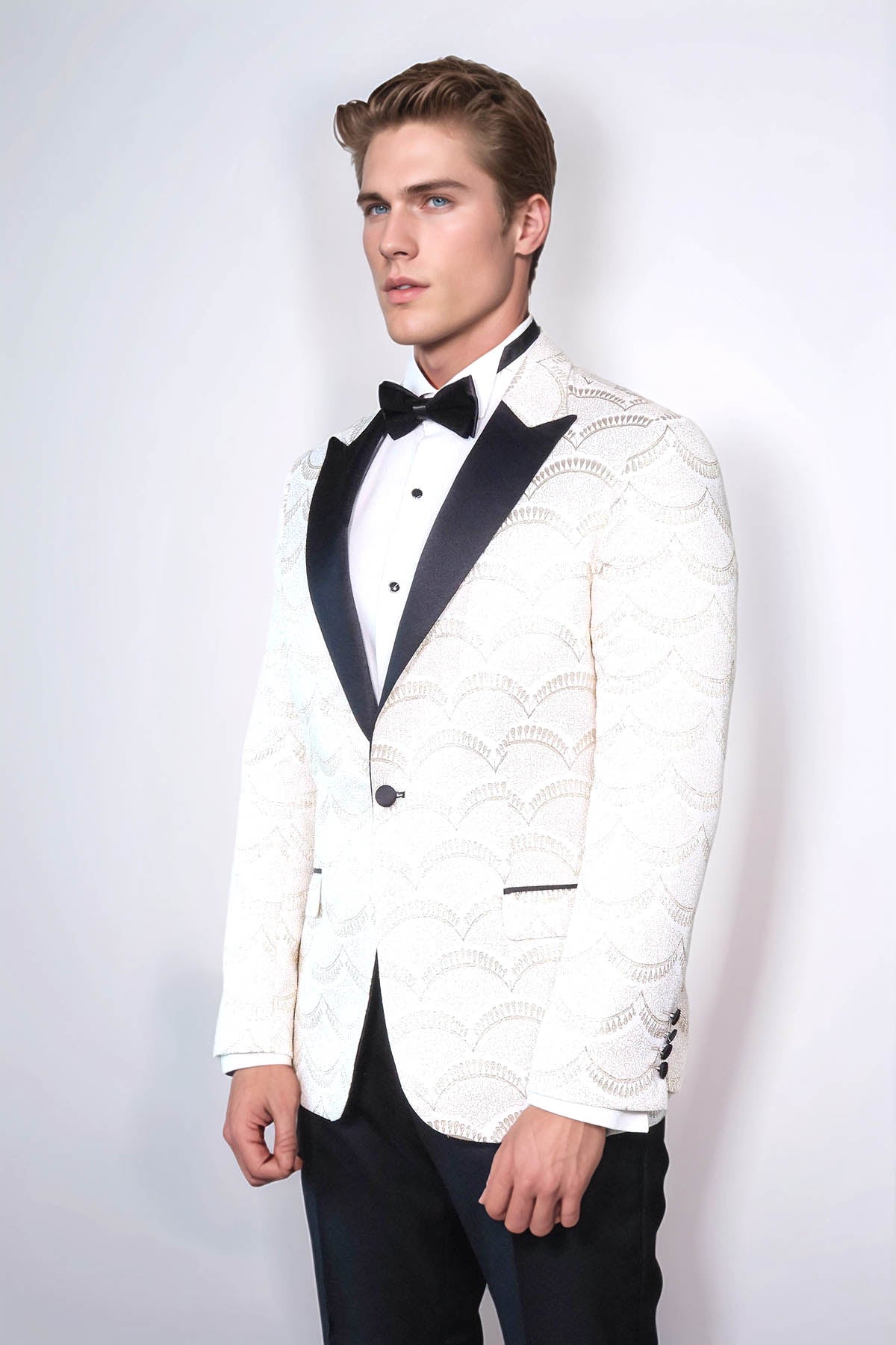 Patterned Slim Fit White Men Dinner Jacket - Wessi - Fierce and Chic