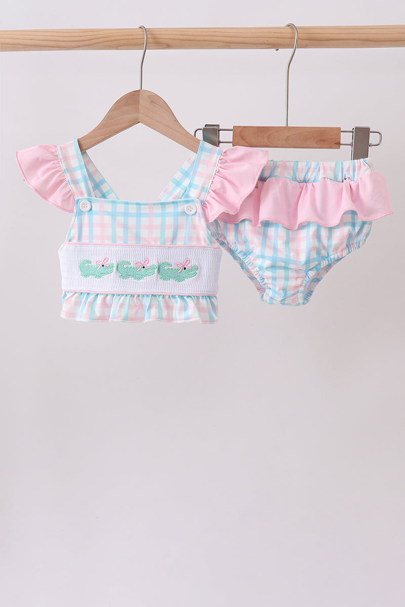 Pink Crocodile Smocked Gingham 2PC Swimsuit - Fierce and Chic