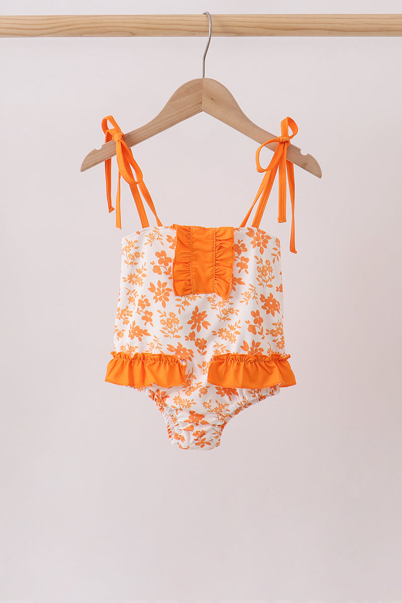 Orange Floral Print Ruffle Swimsuit - Fierce and Chic