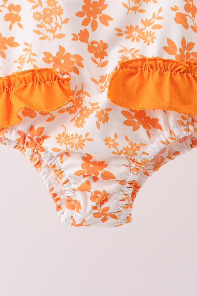 Orange Floral Print Ruffle Swimsuit - Fierce and Chic