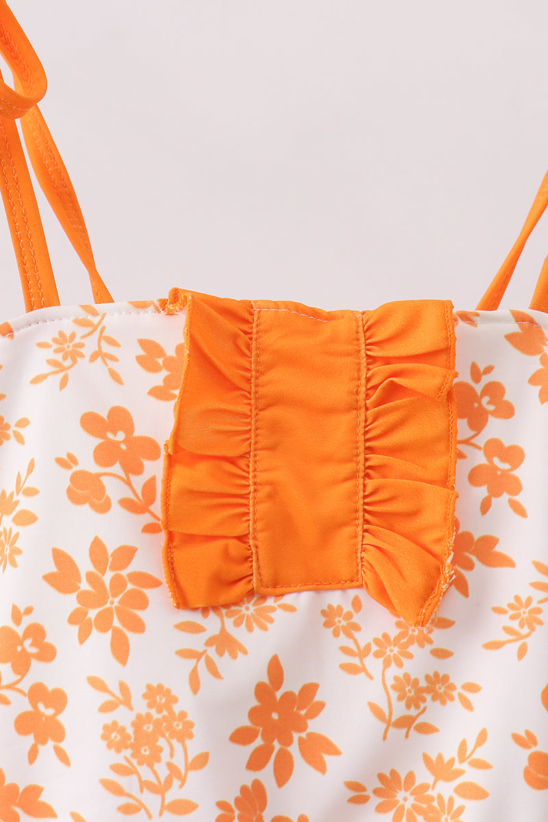 Orange Floral Print Ruffle Swimsuit - Fierce and Chic
