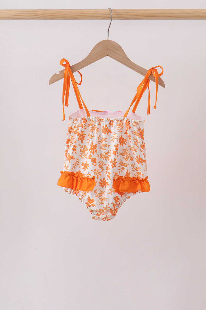 Orange Floral Print Ruffle Swimsuit - Fierce and Chic